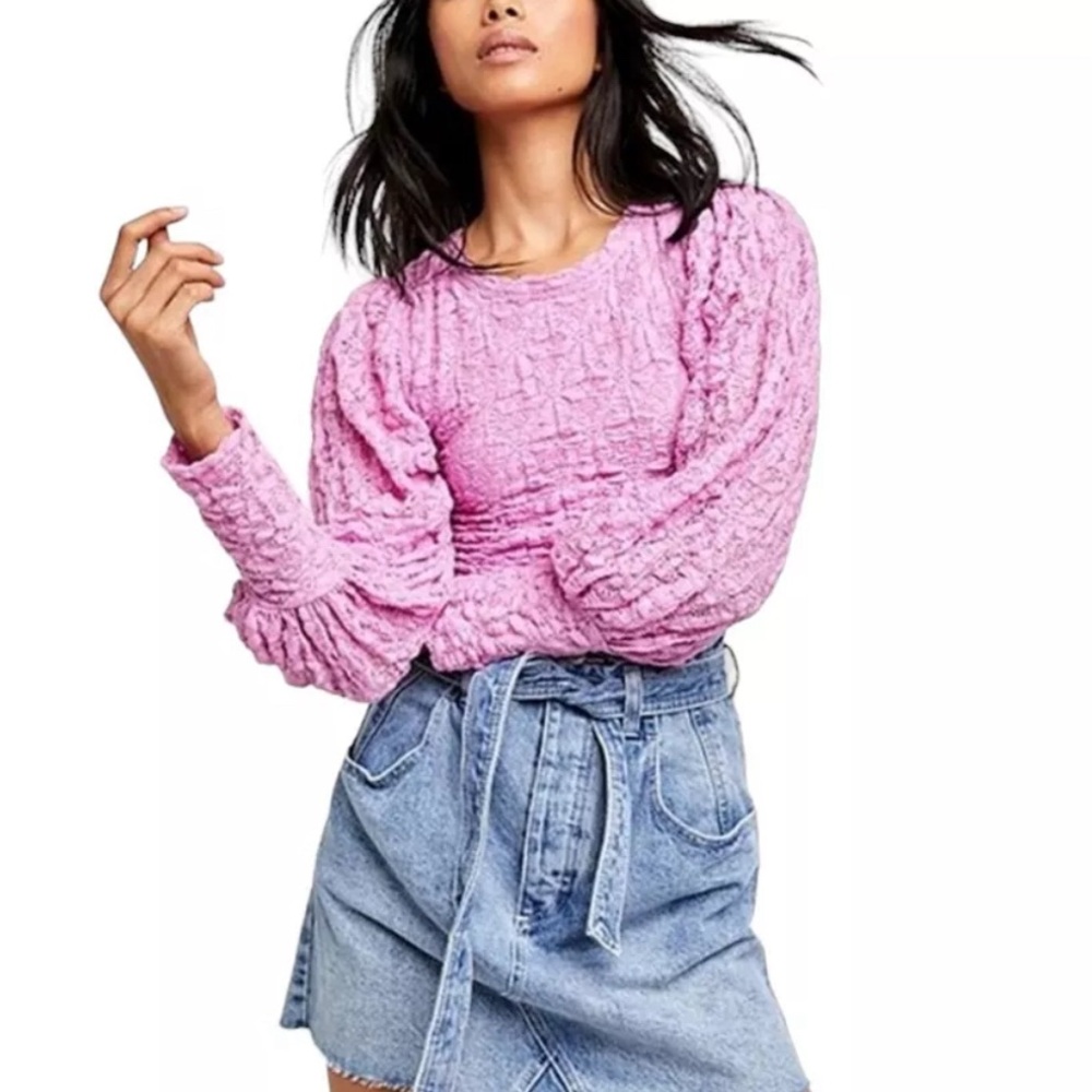 Free People Tea Time Top Bubblegum Pink Lace Balloon Sleeve Crop Open Ba…